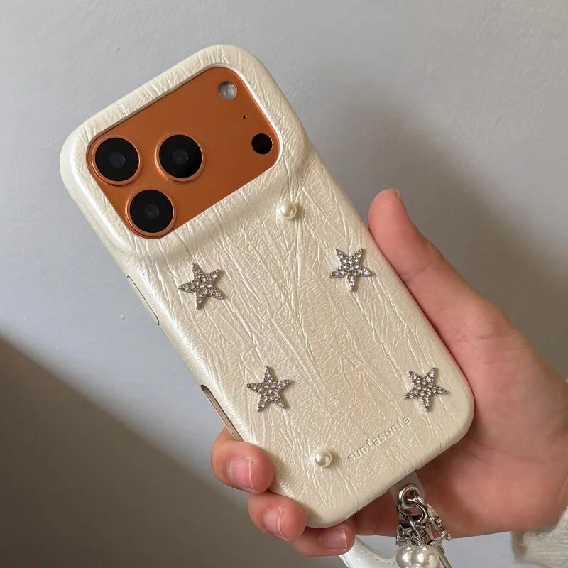 スター モチーフ レザー調 iPhoneケース｜パールストラップ付き #260222
