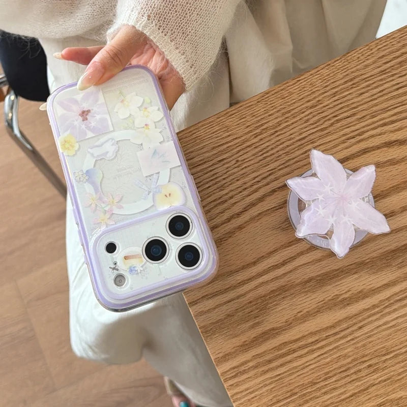 フラワーモチーフ パープル ゆり Magnet内蔵 立体グリップ付き iPhoneケース #231125