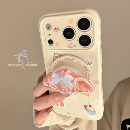カフェスイーツ クロワッサンデザイン グリップ付き iPhoneケース｜ナチュラル・韓国雑貨風 #231120