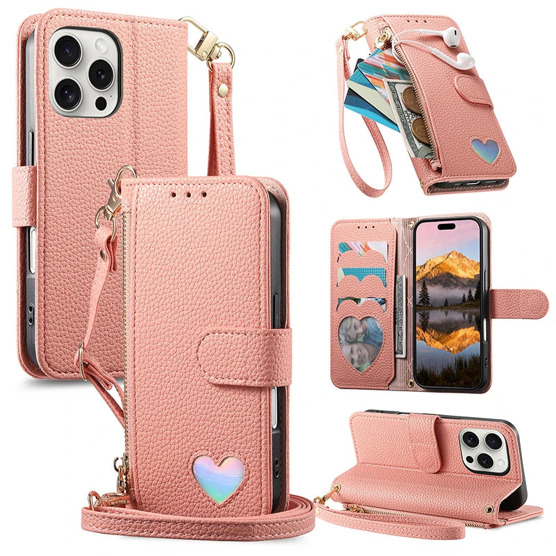 【ブックスタイル】ハートモチーフ レザー調 財布一体型 手帳タイプ iPhoneケース｜ショルダーストラップ付き #240205