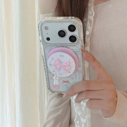 リボン総柄 クリアグリッター Magnetグリップ付き iPhoneケース #260213