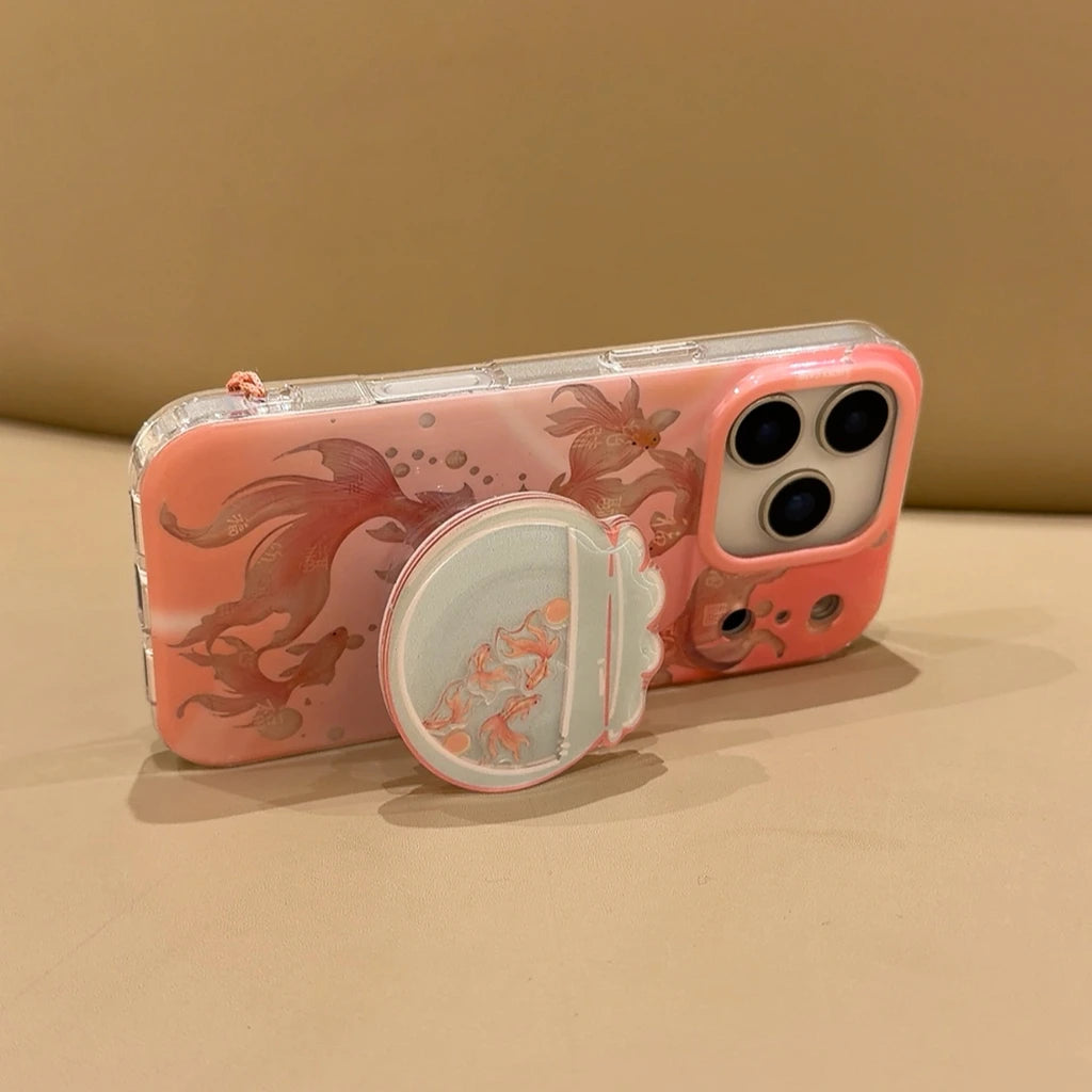 開運 鯉模様 金魚鉢 グリップ付き iPhoneケース｜クリアデザイン #240516