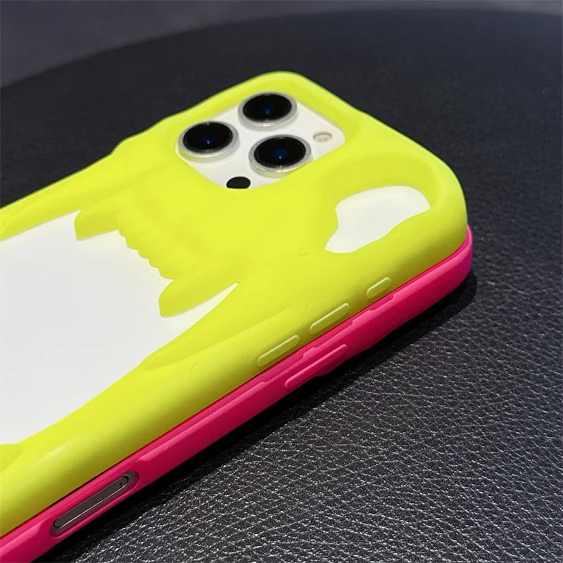 【ワイルドファング】ネオンイエロー・ピンク × 立体キバ クリアバンパー スマホケース｜iPhone対応 #240813