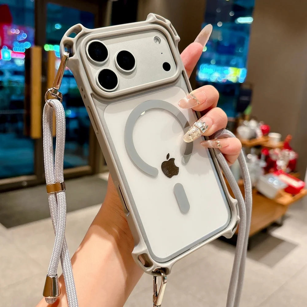 タフデザイン ロングストラップ付 耐衝撃 Magnet内蔵 クリア iPhoneケース #231109