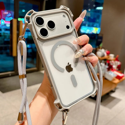 タフデザイン ロングストラップ付 耐衝撃 Magnet内蔵 クリア iPhoneケース #231109