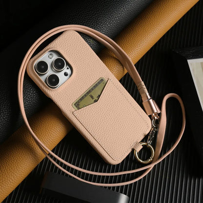 【本革シリーズ】ストラップ付き カードポケットレザースマホケース｜iPhone対応 #241014