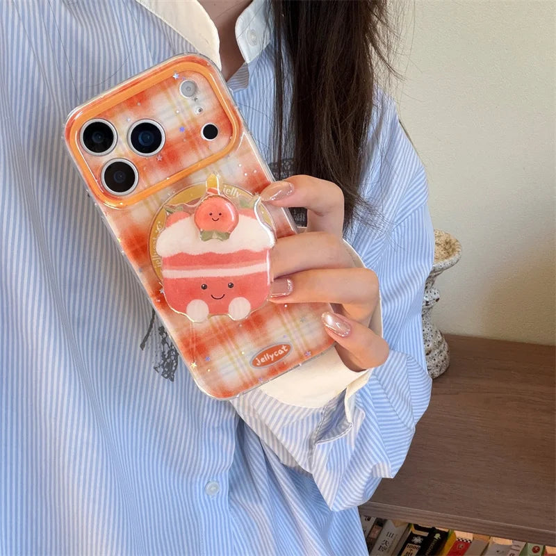 【Magnet内蔵】クリームケーキ オレンジ ギンガムチェック スマホケース｜ゆるかわポップソケット｜iPhone対応 #241203