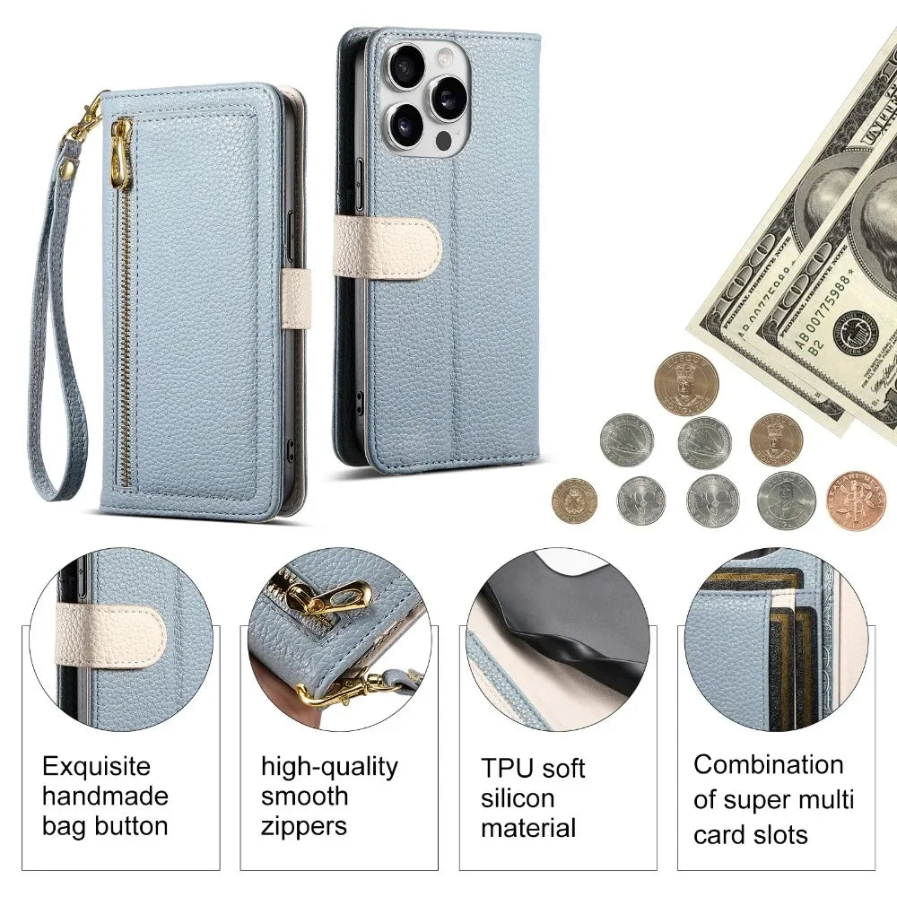 【ブックスタイル】レザー調 財布一体型 手帳型 iPhoneケース｜ファスナー収納・ミラー付き #240201