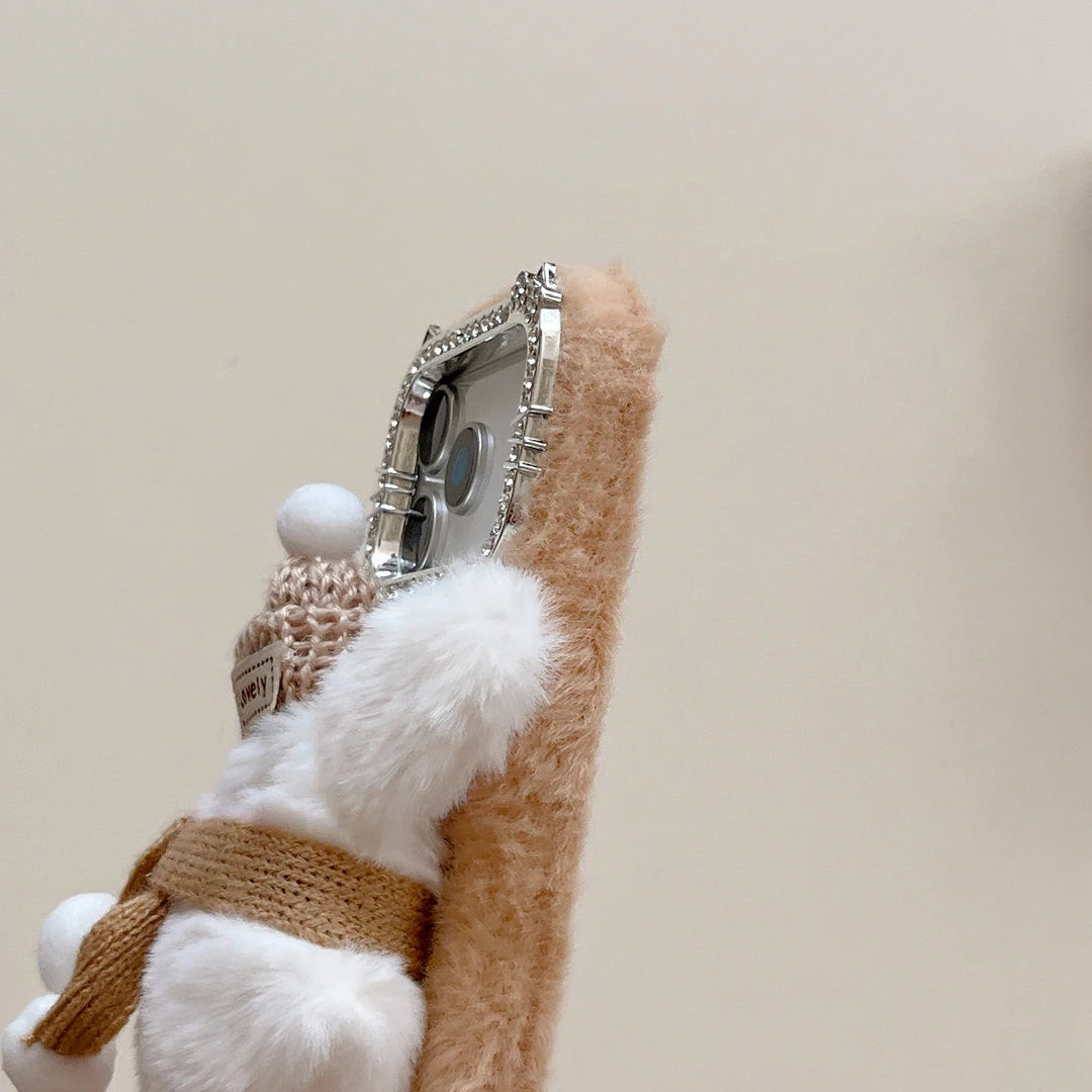 【ふわもこアニマルシリーズ】リボンベア スマホケース｜もこもこ素材 × ポンポンストラップ付き｜iPhone対応 #241205