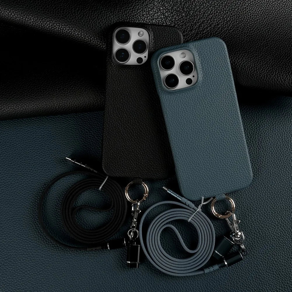 【本革シリーズ】名入れカスタム ロングストラップ付き レザー スマホケース｜ iPhoneケース #241011