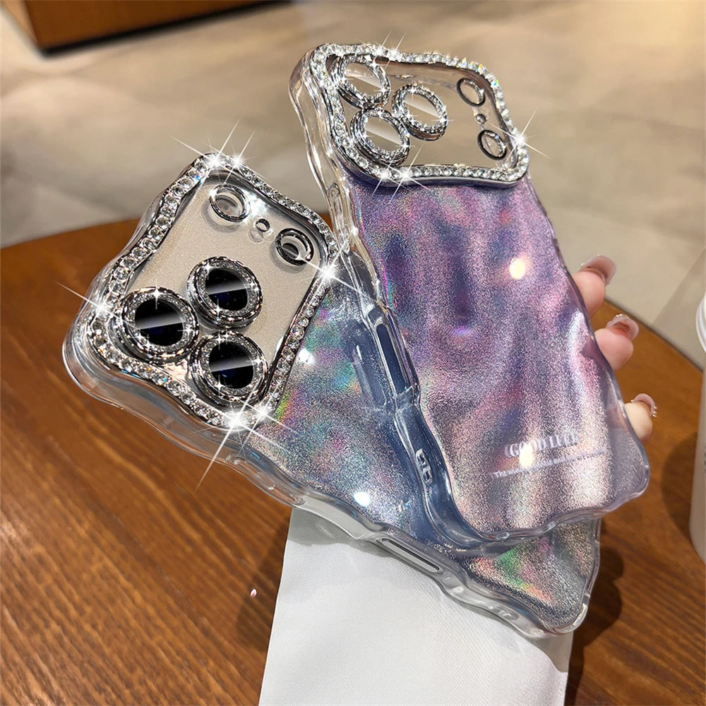 オーロラウェーブ iPhoneケース｜ラメ ラインストーン・うねうね 水波紋デザイン #230713