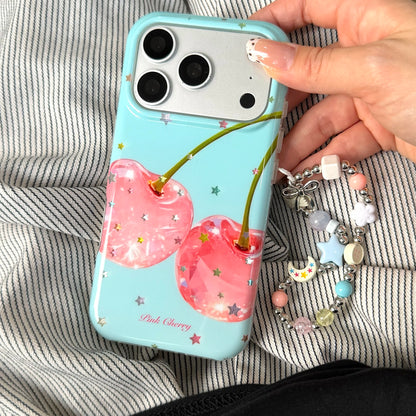 ピンクチェリー ミントブルー ビーズチャーム付き iPhoneケース｜レトロ・大人かわいい #260052