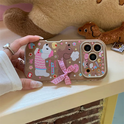 【スウィートダックス】チェックリボン×ドッグデザイン  ストラップ付き スマホケース｜iPhone対応 #241228