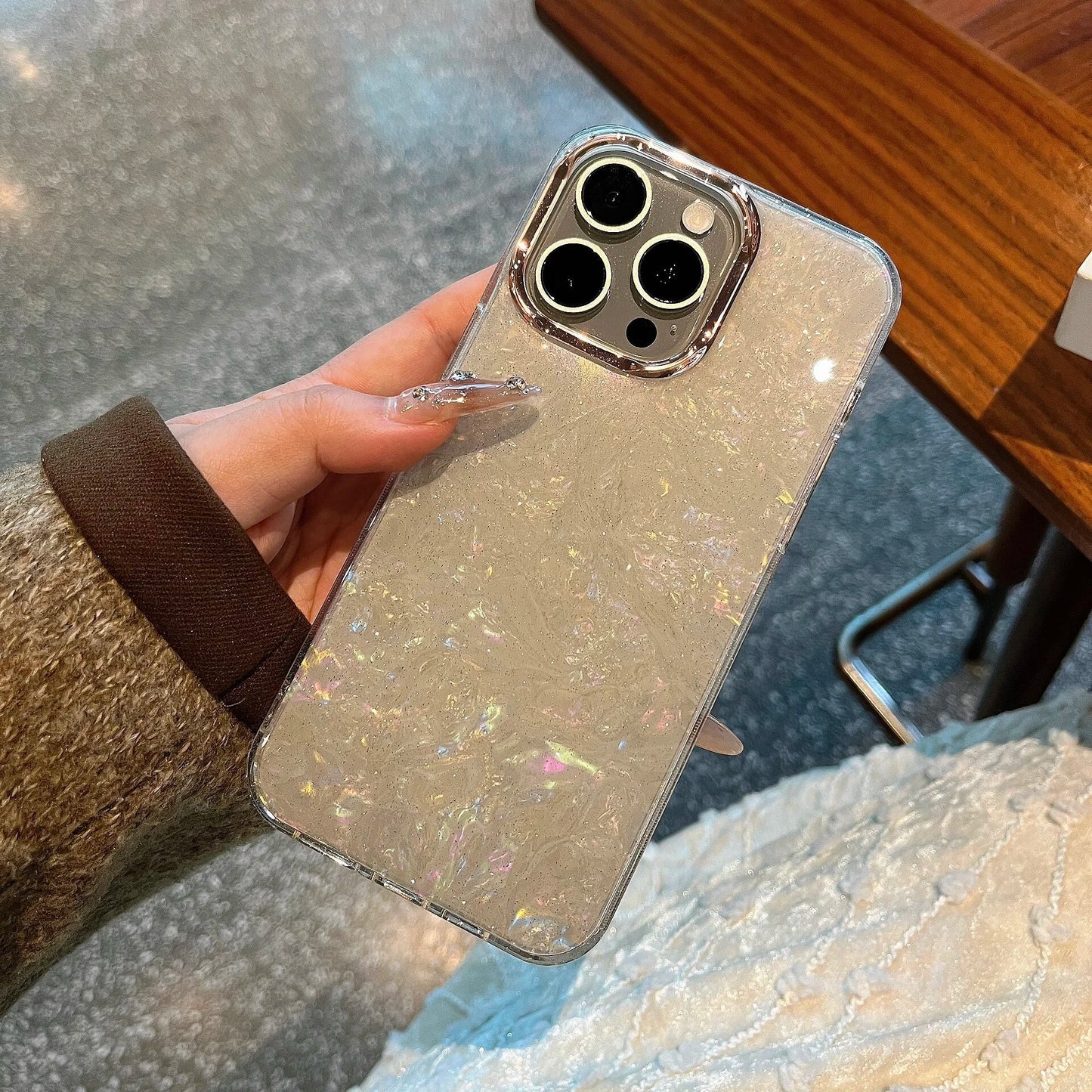 【大理石風】上品パール調 ホワイトシェル クリア iPhoneケース 高級感 キラキラ おしゃれ 耐衝撃｜iPhone対応 #250405