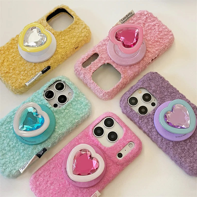 【Magsafe対応】立体ハートジュエルポップソケット × もこもこファー スマホケース｜iPhone対応 #241214