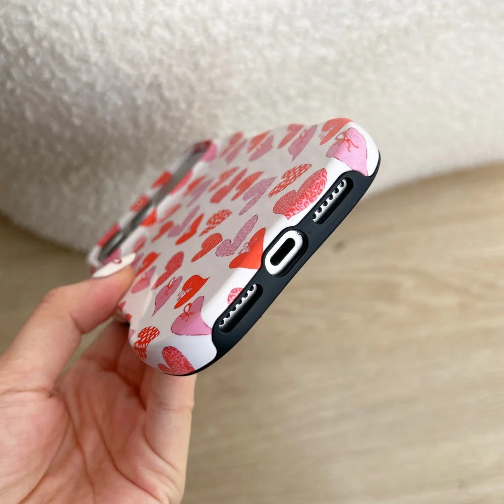 ハート総柄 格子チェック柄 iPhoneケース｜ウェーブフレーム #240310