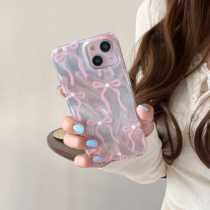 【パールピンクリボン】リボン×パールアクセント スマホケース｜iPhone対応 #250607