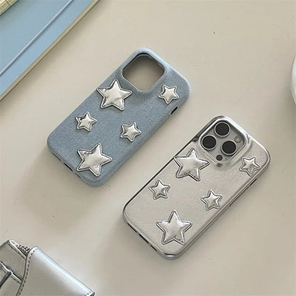 【スターシルバー】メタリック 星柄 × デニムスマホケース｜iPhone対応 #250129