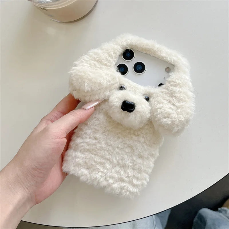 【もこもこプードルファー】耳付き 犬 Dog 3D立体デザイン スマホケース｜iPhone対応 🐶✨ #250103