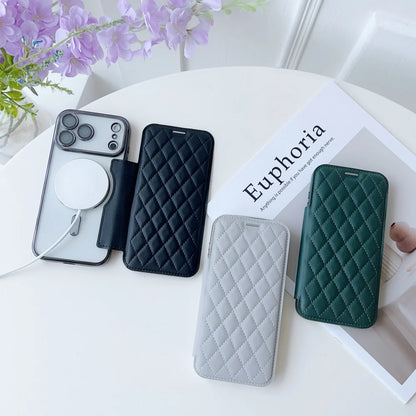 キルティング レザー調 手帳型 iPhoneケース｜クリアケース・マグネット内蔵 #240305