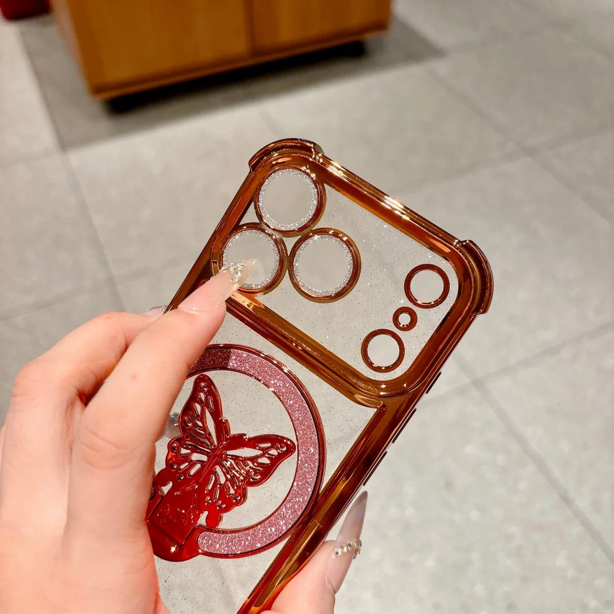 バタフライ キラキラ ラメリング付き Magnet内蔵 クリア iPhoneケース #260220