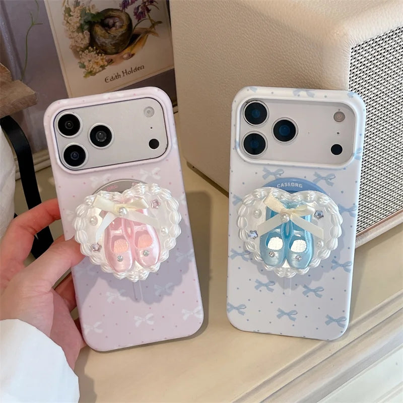 3Dバレエシューズ パールハートグリップ リボン柄 Magnet内蔵 iPhoneケース｜バレエ #260018