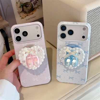 3Dバレエシューズ パールハートグリップ リボン柄 Magnet内蔵 iPhoneケース｜バレエ #260018