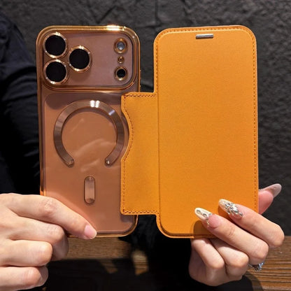 Magnet内蔵 レザー調 フリップ 手帳型デザイン カラーフレーム クリア iPhoneケース #240404