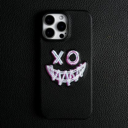 【本革シリーズ】艶なし シボ革 スマイル ステッチ レザーケース｜iPhone対応 #240901