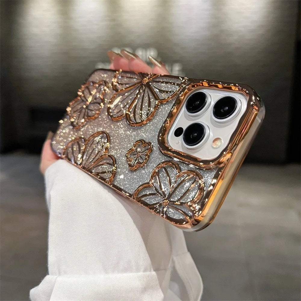 【グリッターフラワーシャイン】3Dフラワー × グラデーションラメ スマホケース｜iPhone対応 #250618