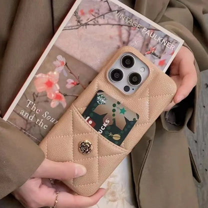 【キルティングローズポケット】レザーバッグ風×ローズボタン スマホケース｜iPhone対応 #250331