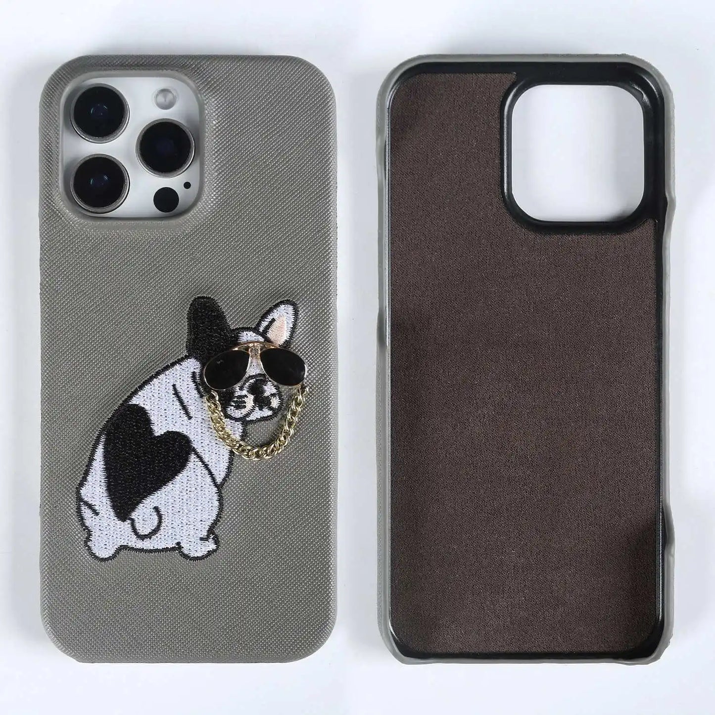 【本革シリーズ】 レザー サングラス フレンチブルドッグ 刺繍 iPhoneケース #260211