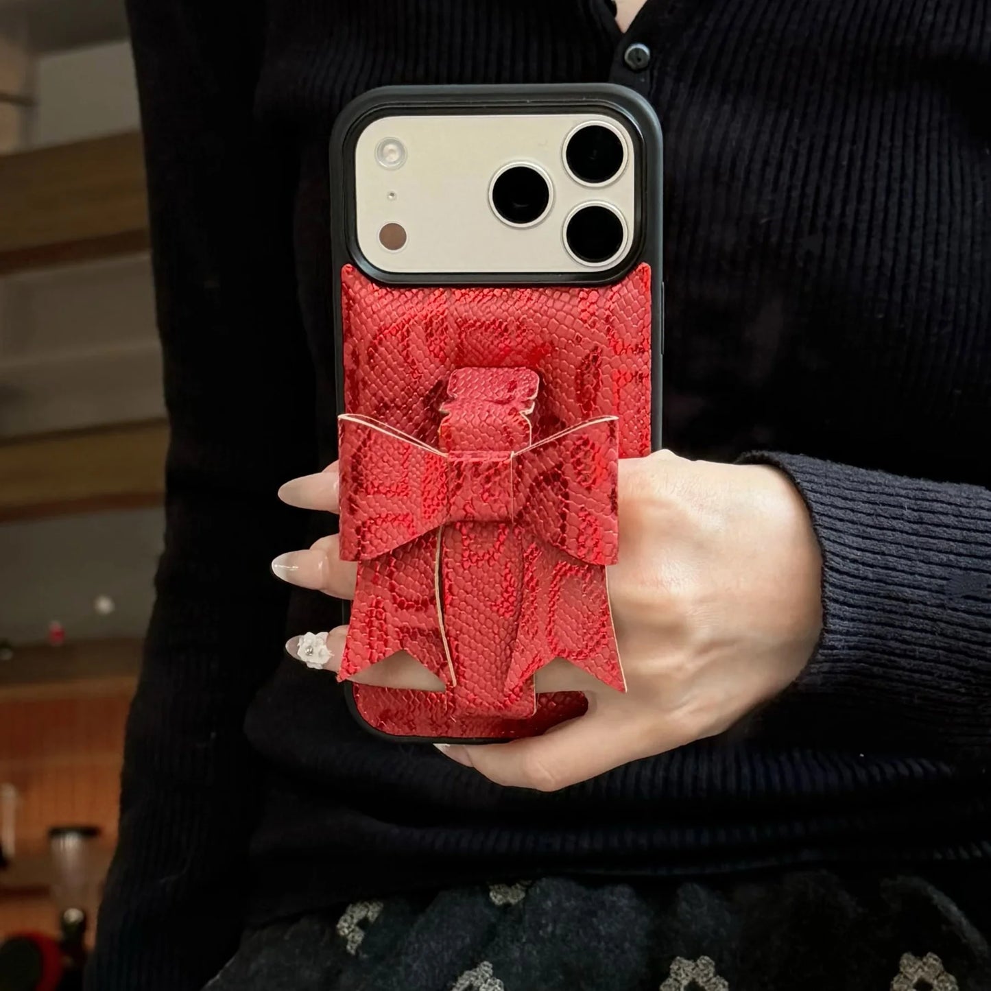 【立体リボン】スネーク ヘビ柄 レザー調 スマホケース｜iPhone対応 #260202