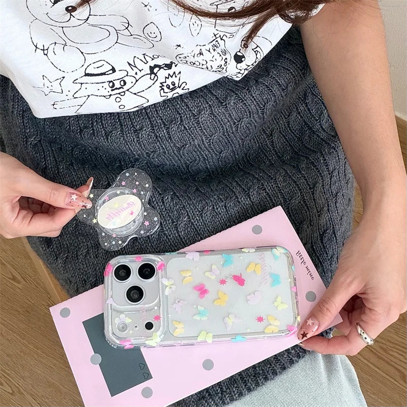 カラフルバタフライ きらめきクリア グリップ付き iPhoneケース｜淡色フェアリー #260009