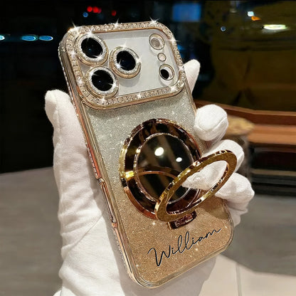 【カスタムシリーズ】名入れ リングスタンド ミラー付き iPhoneケース｜ラメグラデ #260216