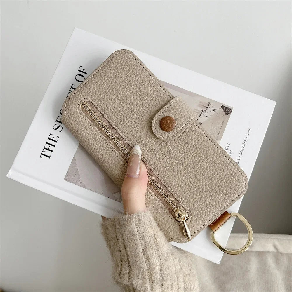 【ブックスタイル】キーリング付き レザー調 財布一体型 手帳型 iPhoneケース｜ファスナー収納・多色展開 #240128