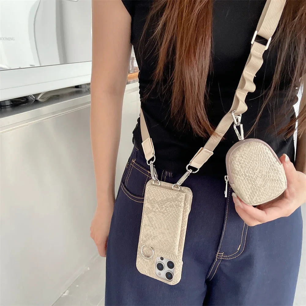 【スネークシリーズ】ヘビ柄 高見え ショルダーストラップケース ＋ カード収納 ミラー ミニポーチ #240916