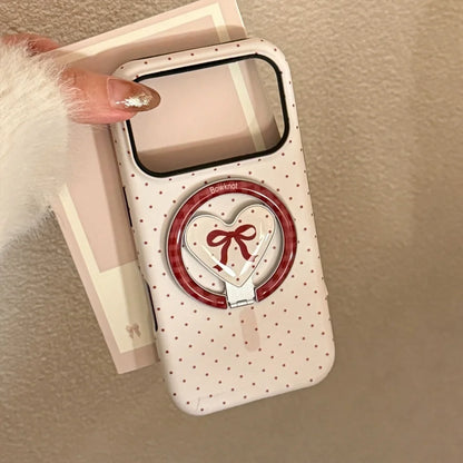 【マグネット式折りたたみハートスタンド付き】レッド プチドット柄 リボンハート スマホケース｜iPhone対応 #240701