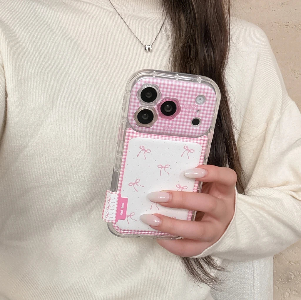 【ピンクギンガムチェック】リボン柄 折りたたみ式ホルダー付き スマホケース｜iPhone対応 #240622