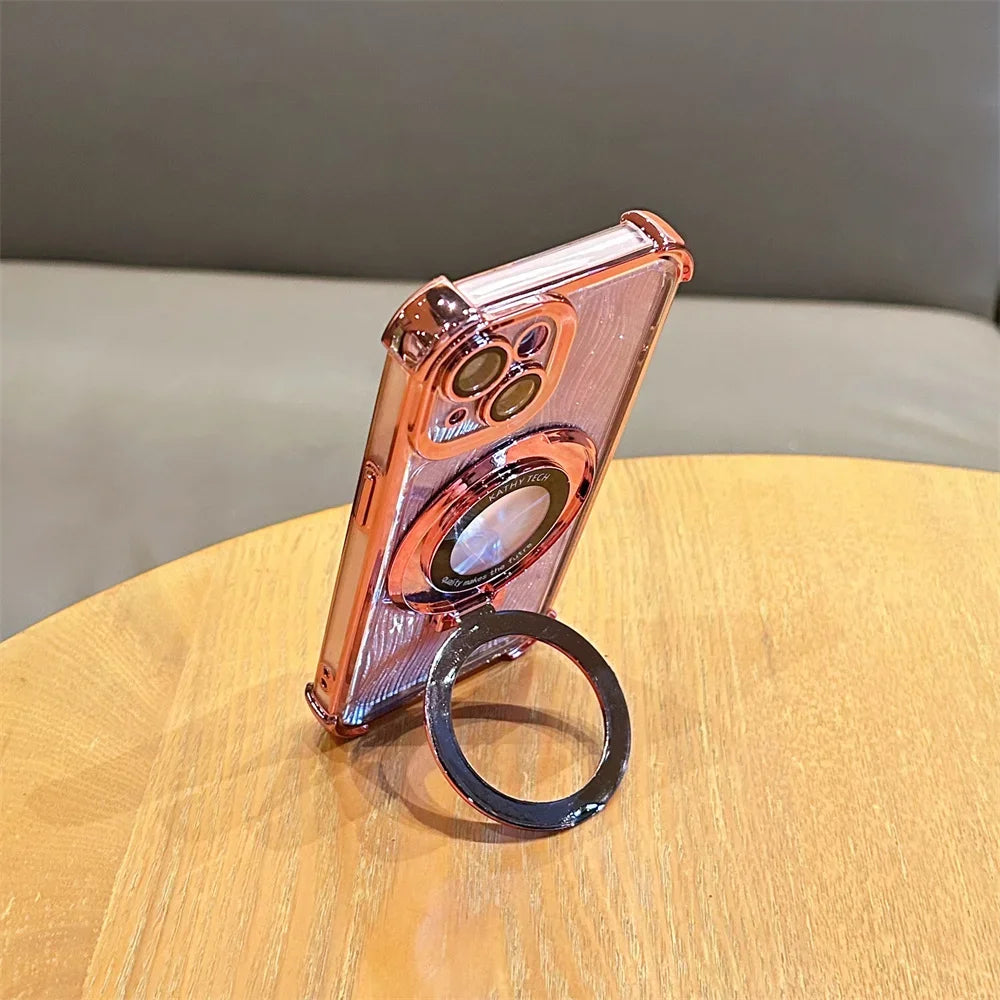 【Magsafe対応】高級感 ゴールド×ラメ リング付き iPhoneケース｜耐衝撃・スタンド機能・キラキラデザイン｜iPhone対応 #250407