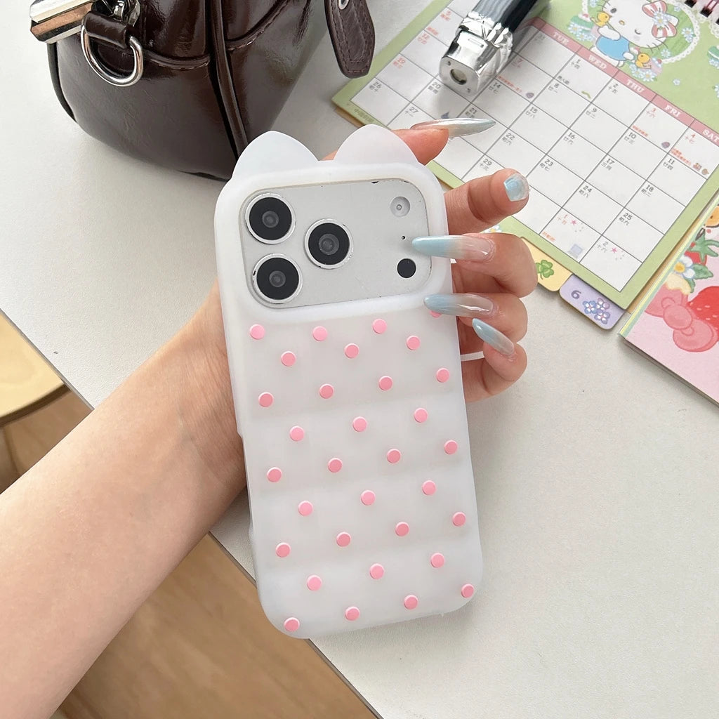 ドットキルティング 水玉 耳付き立体デザイン iPhoneケース #260624
