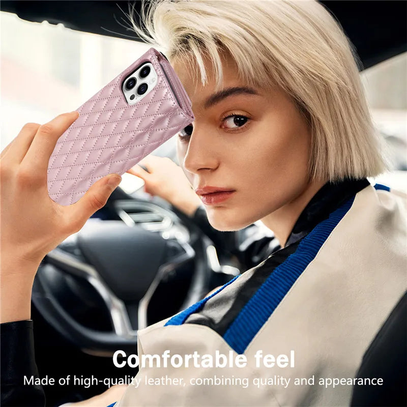 【ブックスタイル】キルティング レザー調  手帳型 iPhoneケース｜ウォレット・ストラップ付き #240125