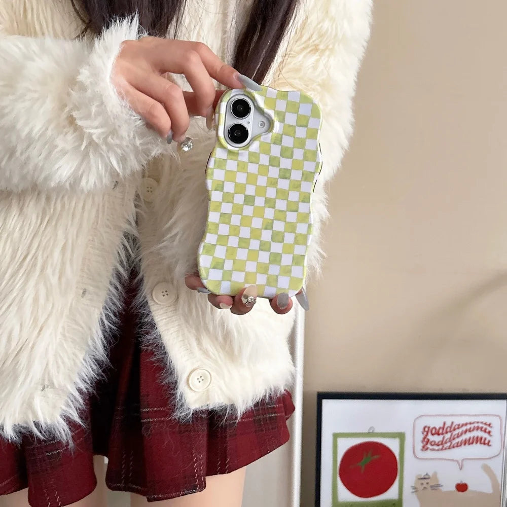 ハート総柄 格子チェック柄 iPhoneケース｜ウェーブフレーム #240310