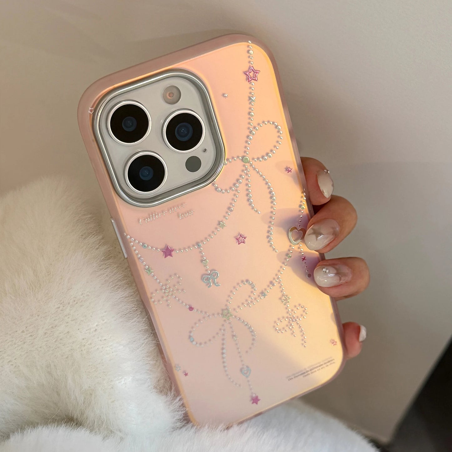 ビジューリボン 韓国風 iPhoneケース｜オーロラピンク #240515