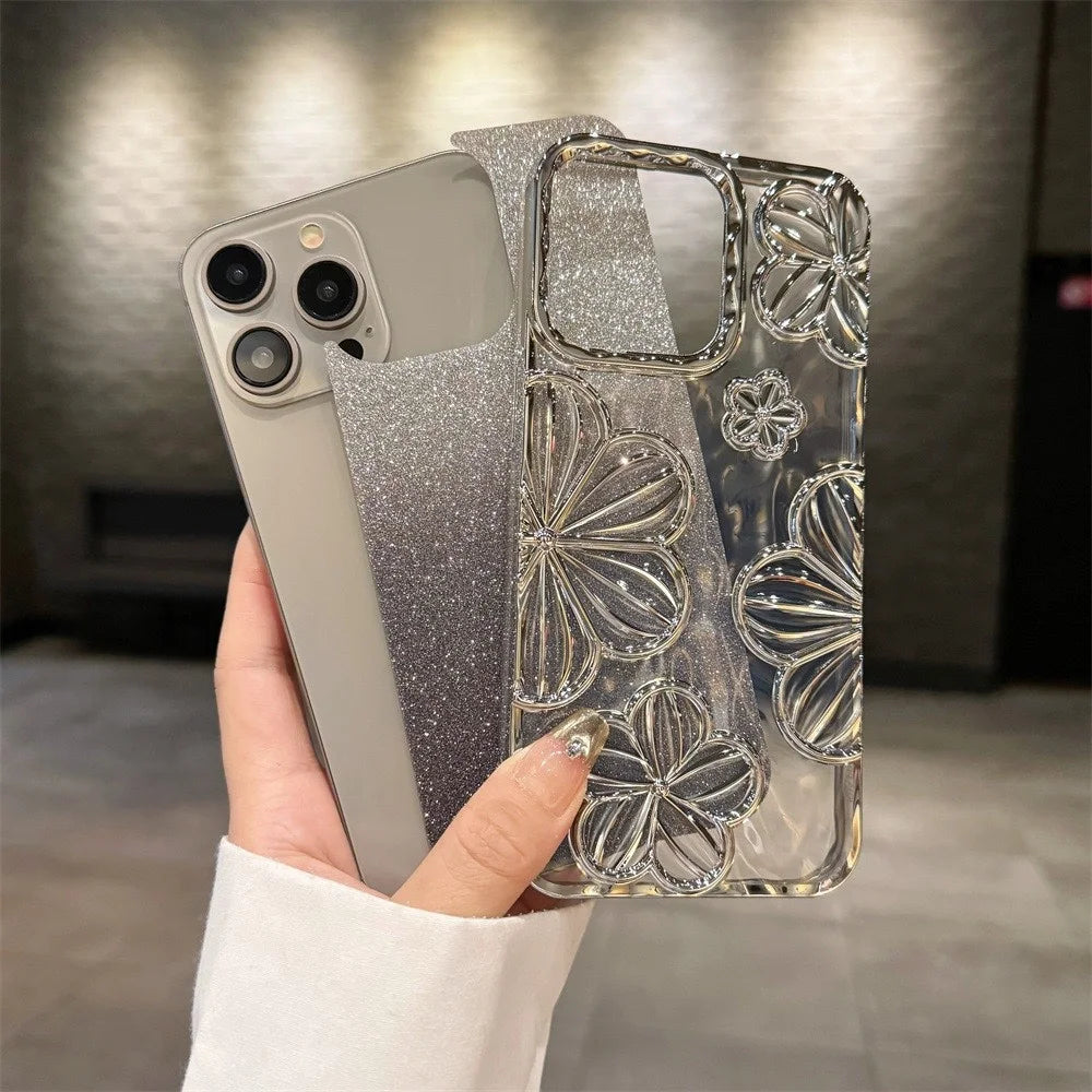【グリッターフラワーシャイン】3Dフラワー × グラデーションラメ スマホケース｜iPhone対応 #250618