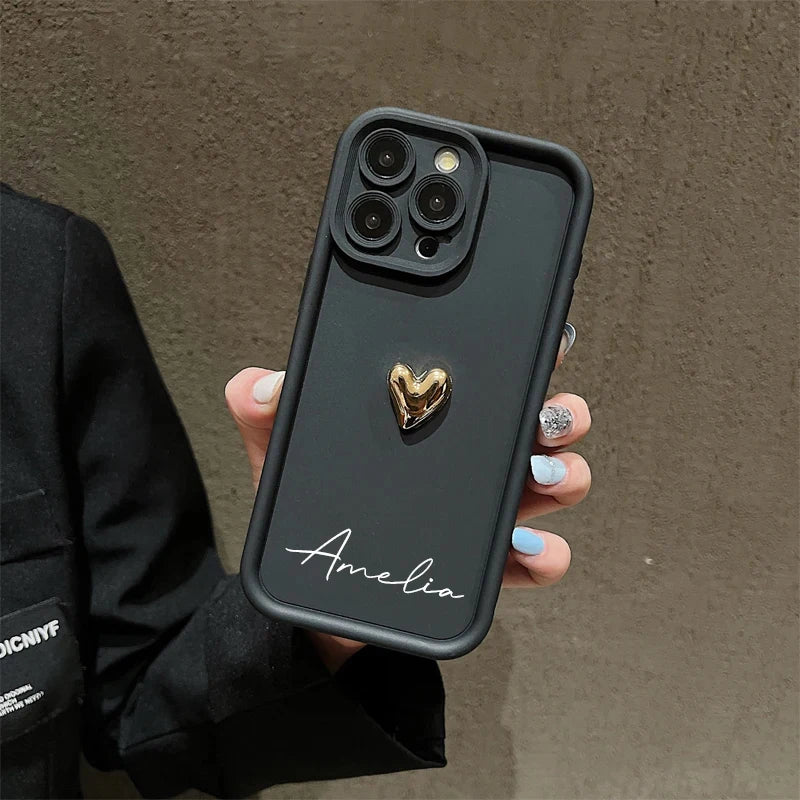 【カスタムNAMEシリーズ】立体ゴールドハート 名入れ ソフトシリコン スマホケース｜iPhone対応 #240817