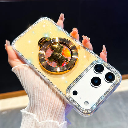 くるくる回る ユニコーン 馬 リングスタンド付き ホログラムラメ iPhoneケース #240511