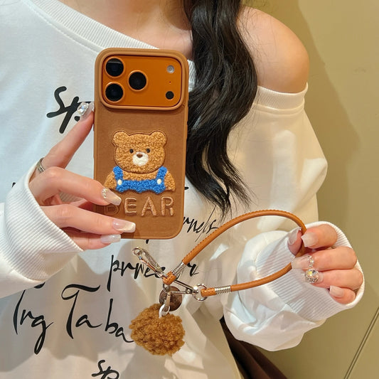 【テディエンブロイ】くま刺繍 × ボンボンチャーム スマホケース｜iPhone対応 #240806