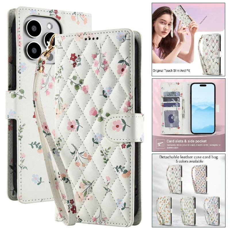 【ブックスタイル】花柄 フラワーキルティング ストラップ付き 手帳型 iPhoneケース｜カード収納 ショルダー対応 #240110