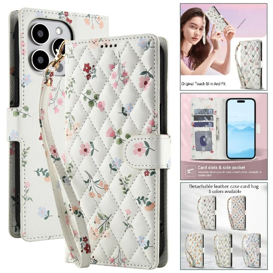 【ブックスタイル】花柄 フラワーキルティング ストラップ付き 手帳型 iPhoneケース｜カード収納 ショルダー対応 #240110